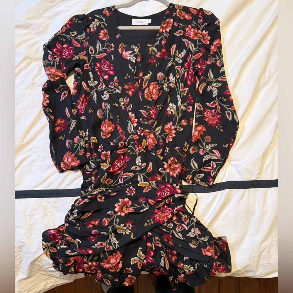 A.L.C. Black Floral Wrap Blouse with Red & Pink Blooms